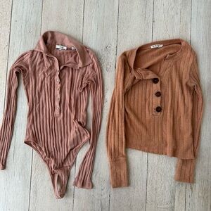 Vince Pink Ribbed Long Sleeve Bodysuit Polo